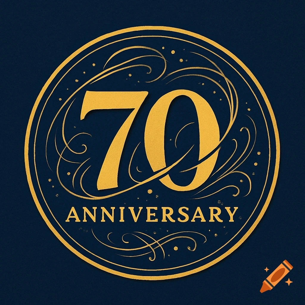 A gold and navy blue logo featuring the number "70" above the word "ANNIVERSARY" within an ornate circular design.