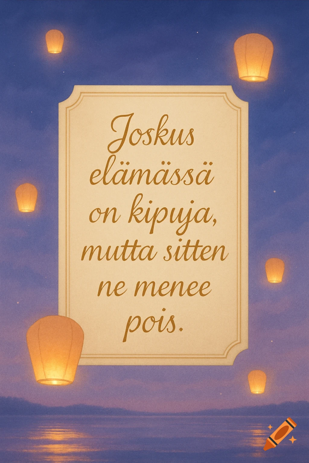 Sky lanterns float over calm water under a purple-blue twilight sky, with an inspirational Finnish quote on a central plaque.
