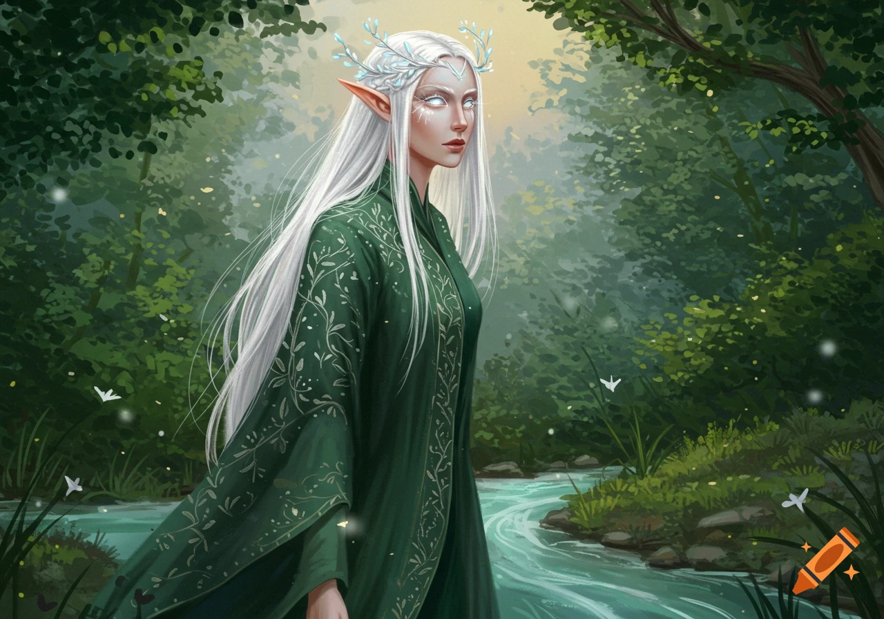 A white-haired elf with glowing eyes and a leafy headpiece stands by a river in a mystical forest, digital art.