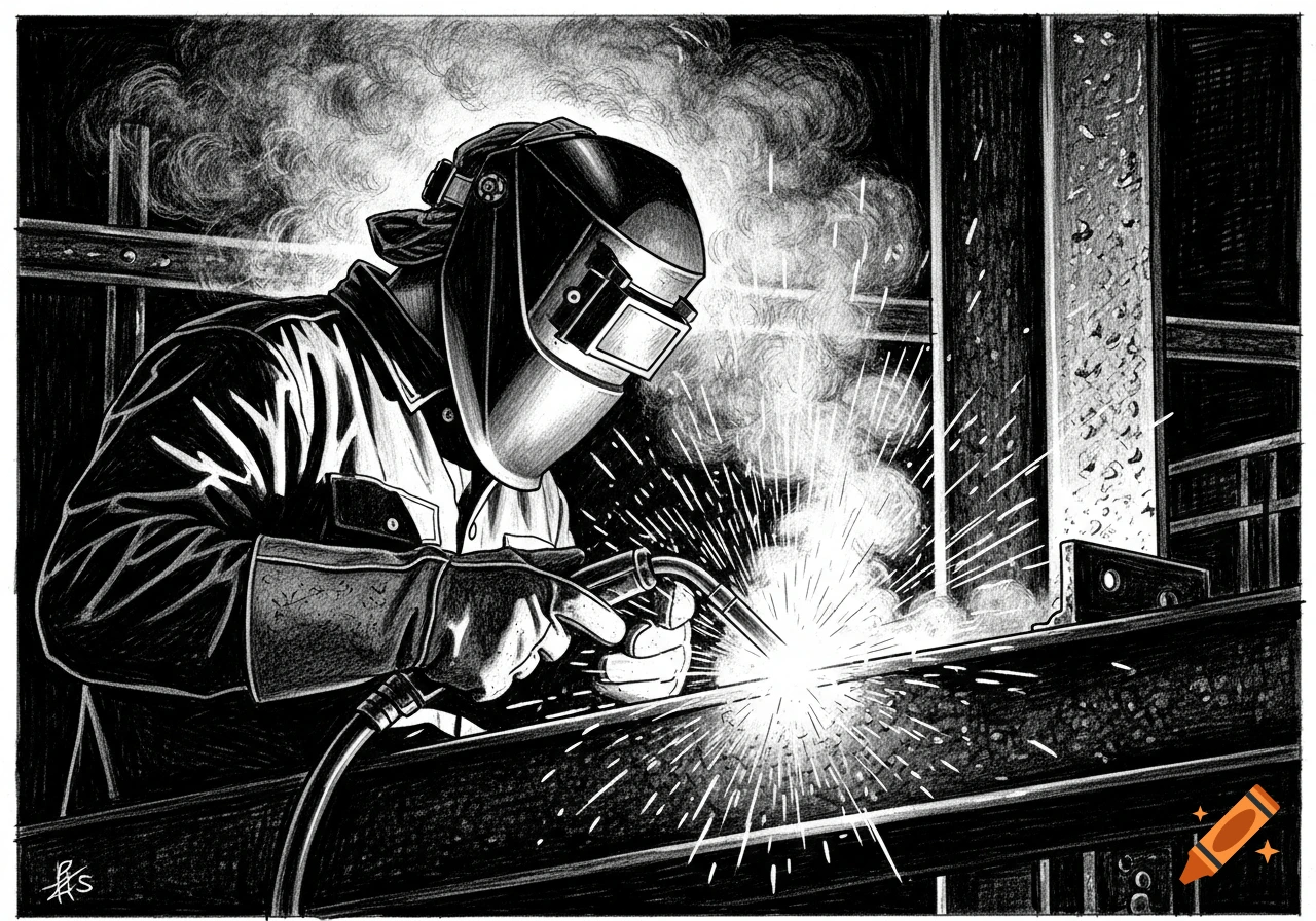 A black and white drawing of a welder in a helmet and gloves, creating bright sparks as they weld a metal beam.