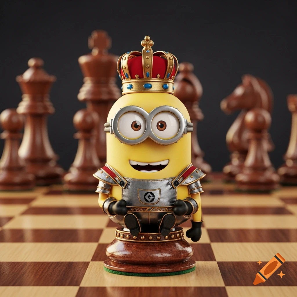 A 3D rendered Minion character wearing silver and red armor and a crown, sitting on a chess piece base on a chessboard.