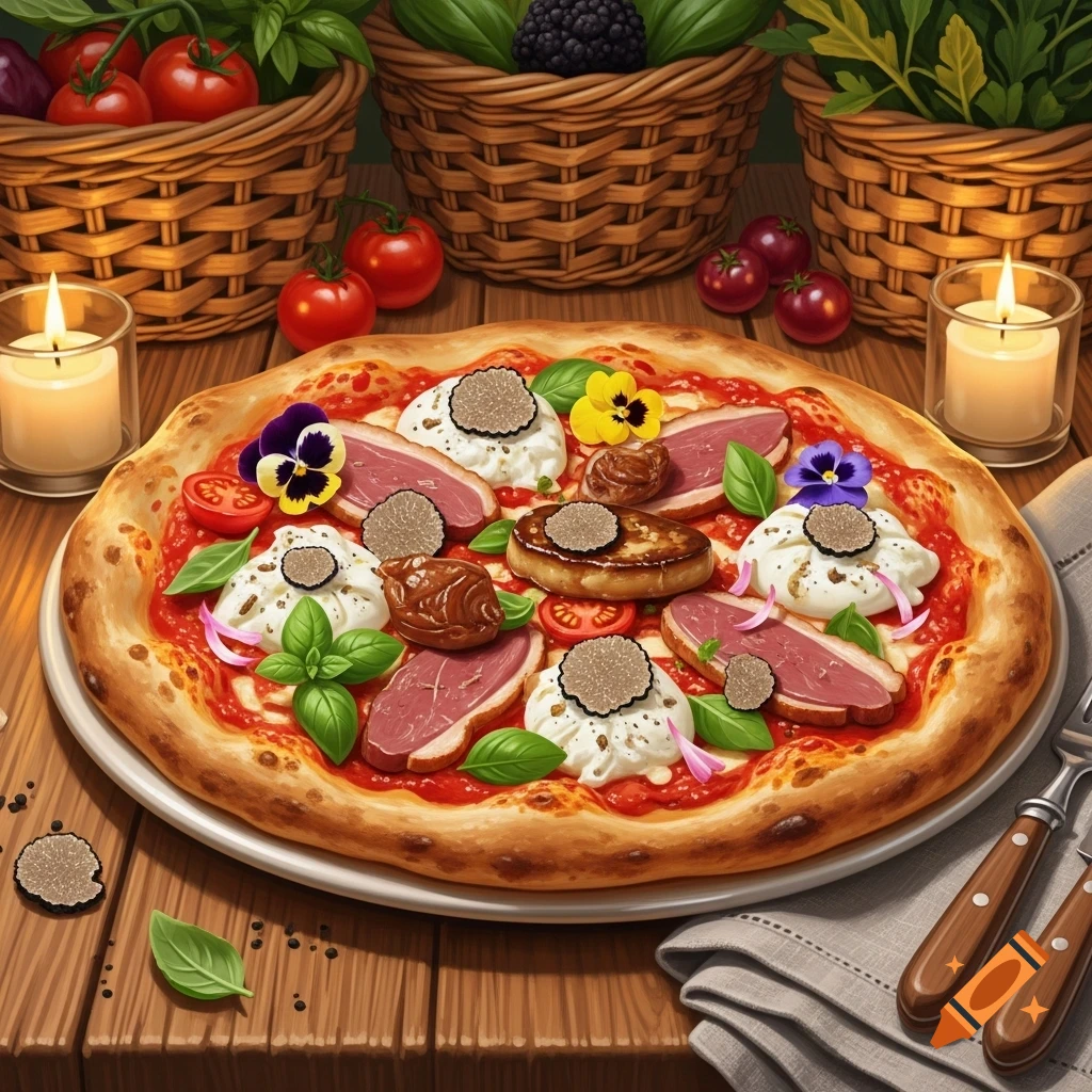 Gourmet pizza with duck breast, burrata, truffles, and edible flowers on a wooden table with candles.