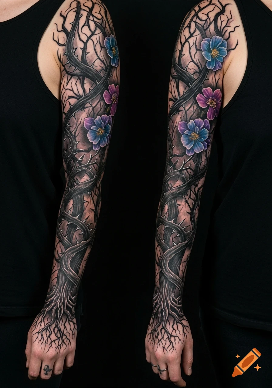 Detailed gothic tattoo sleeve with dark thorny branches and roots, interspersed with vibrant purple and blue flowers, extending to hands.