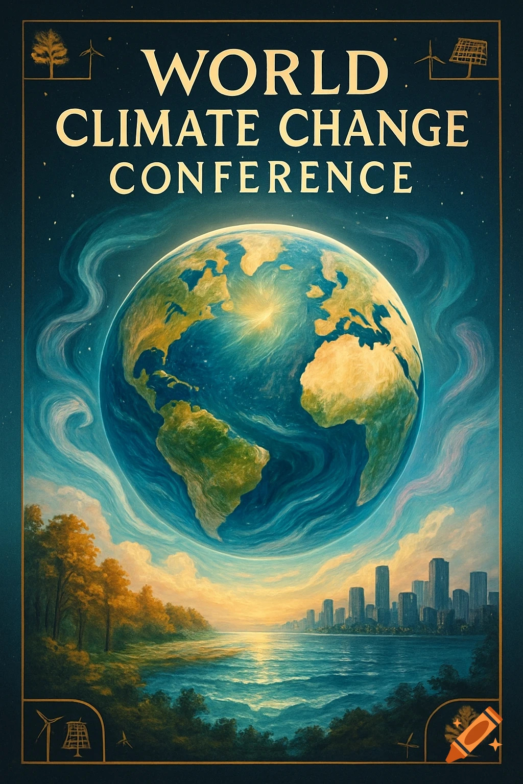 A vibrant poster for the World Climate Change Conference, featuring Earth above a scenic landscape with a city, ocean, and eco-symbols.