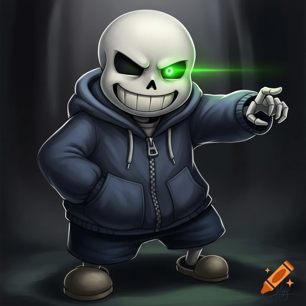 A stylized illustration of Sans the Skeleton in a blue hoodie, with a menacing grin and a glowing green eye, pointing forward.