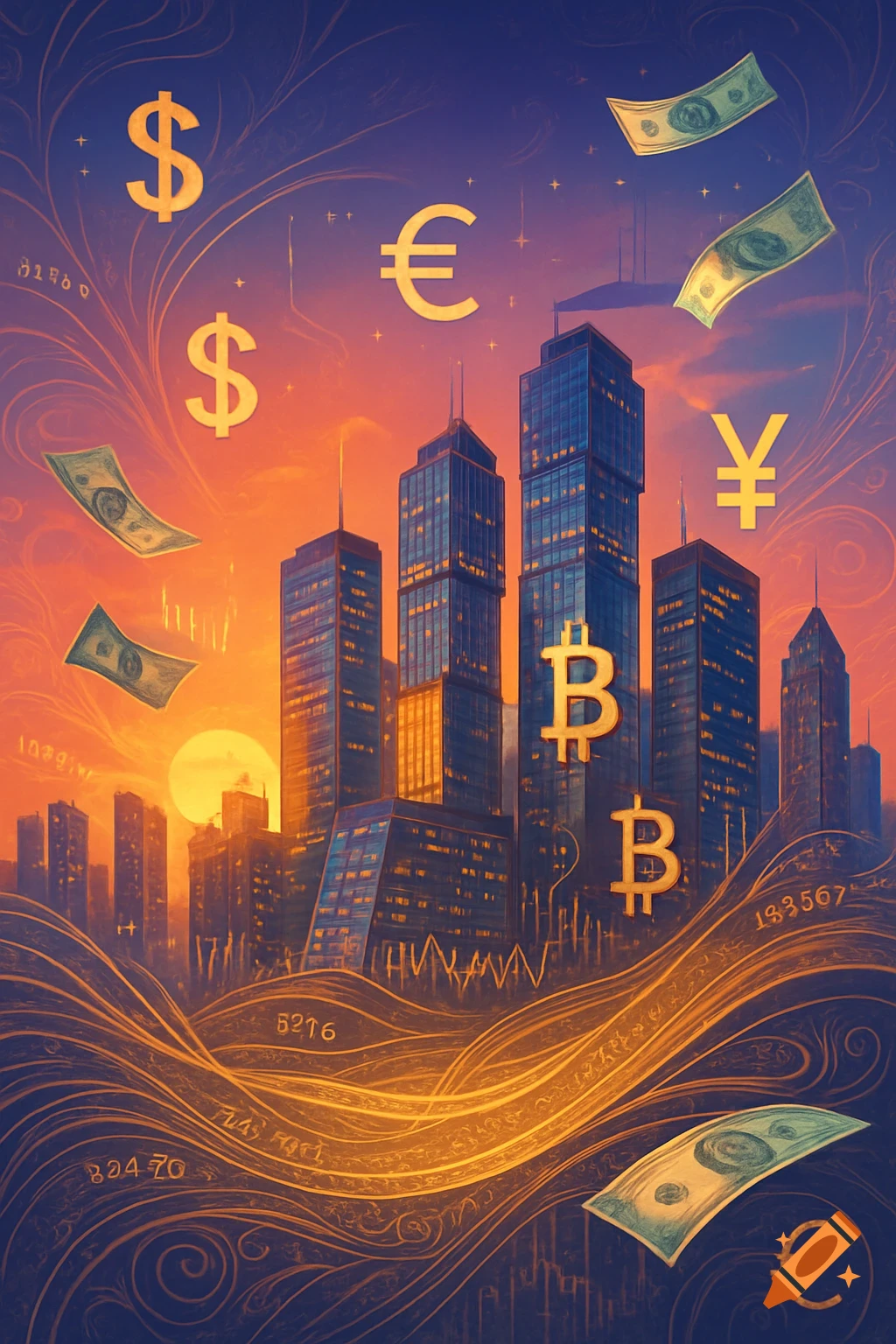 Digital art of a vibrant city skyline at sunset with golden financial  symbols like dollar, euro, yen, and Bitcoin, and money bills floating  amidst swirling data lines. on Craiyon