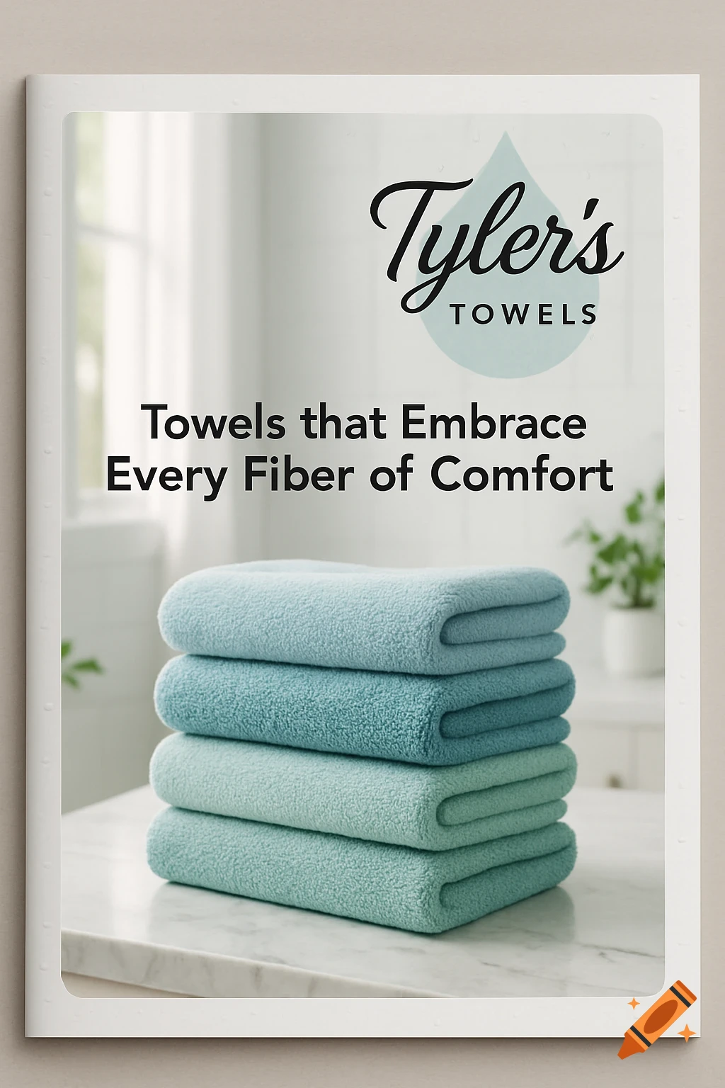 Magazine cover for Tyler's Towels showing a stack of aqua-colored folded towels on a marble counter.