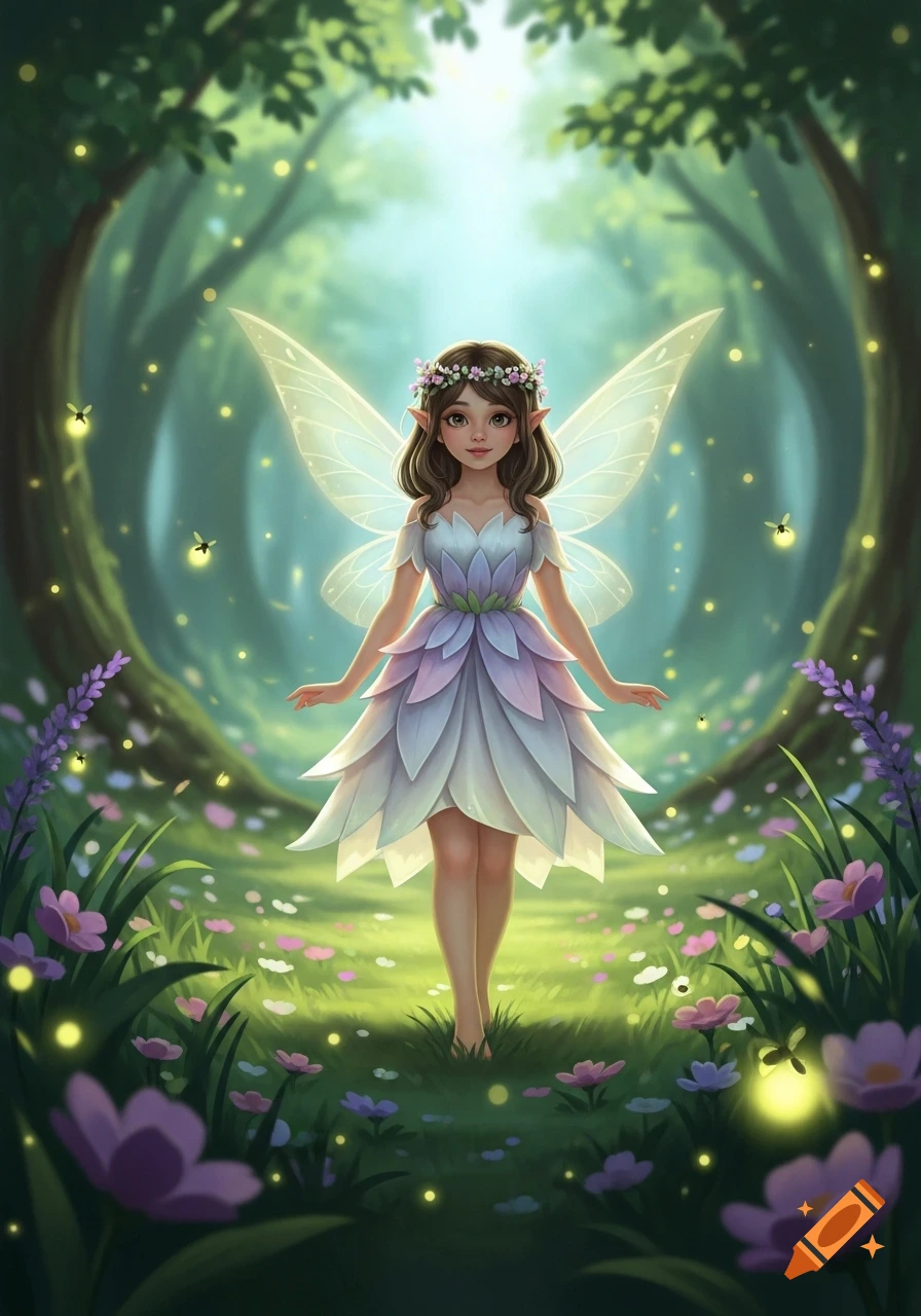 A cute fairy with butterfly wings and a flower crown stands in a vibrant magical forest clearing filled with glowing fireflies and flowers.