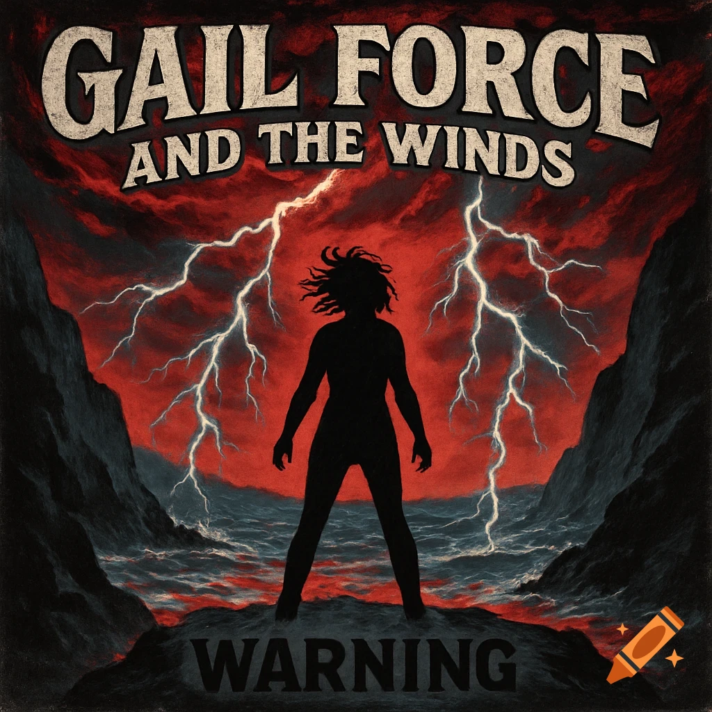 Album cover: silhouette of a person standing in stormy water, under a red, lightning-filled sky. Text reads "Gail Force and the Winds" and "Warning".