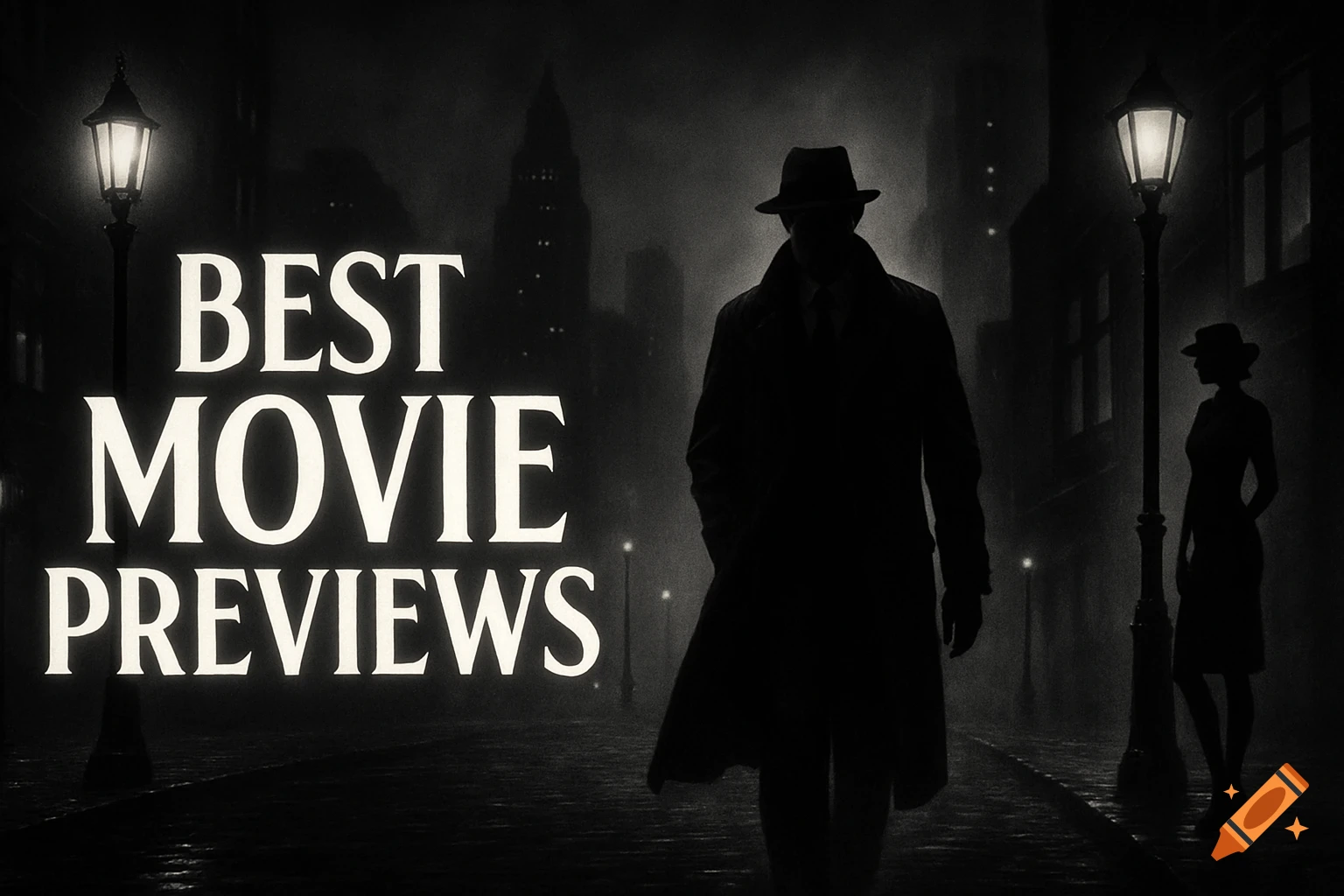 Film noir style image with silhouetted man and woman on a foggy street, with text 'BEST MOVIE PREVIEWS'.