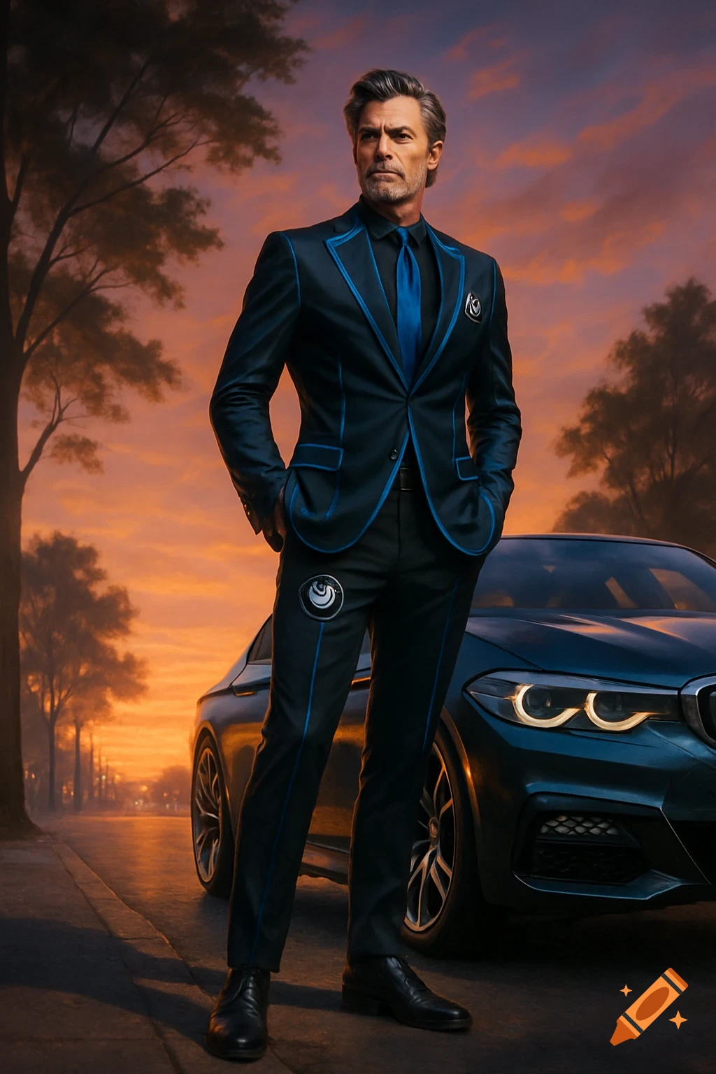 A stylish middle-aged man in a dark suit with blue trim and custom logos stands next to a luxury car at sunset.