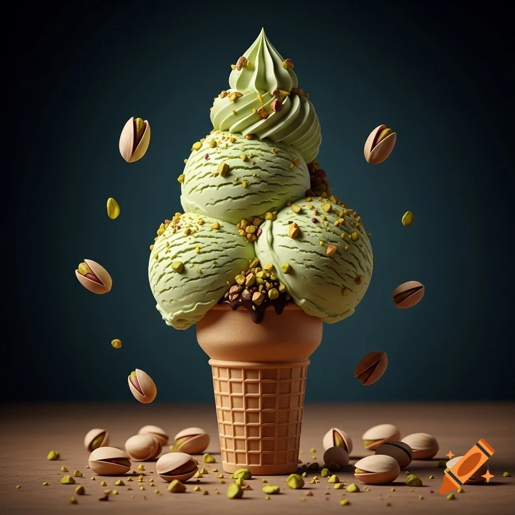 A stack of pistachio ice cream scoops in a waffle cone, surrounded by falling and scattered pistachios on a wooden surface.