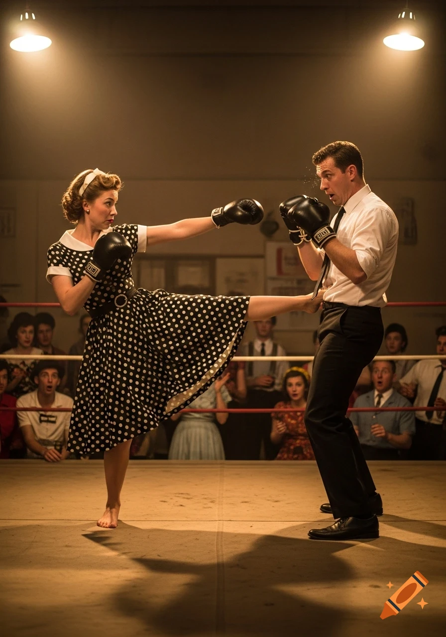A barefoot woman in a 1950s polka dot dress kickboxes a man in a boxing ring as spectators watch.