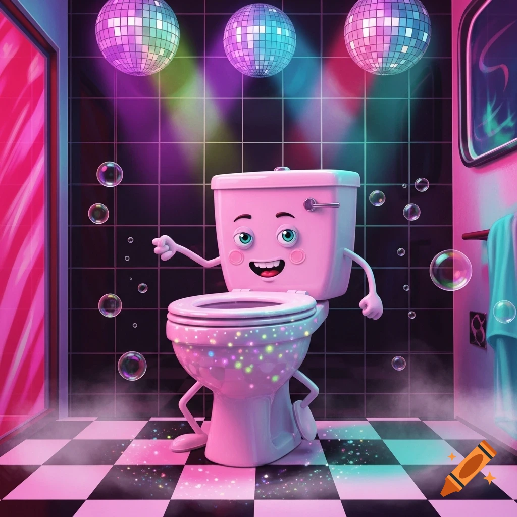 A cartoon pink anthropomorphic toilet with a smiling face, arms, and legs, in a disco-themed bathroom with colorful lights, disco balls, and bubbles.