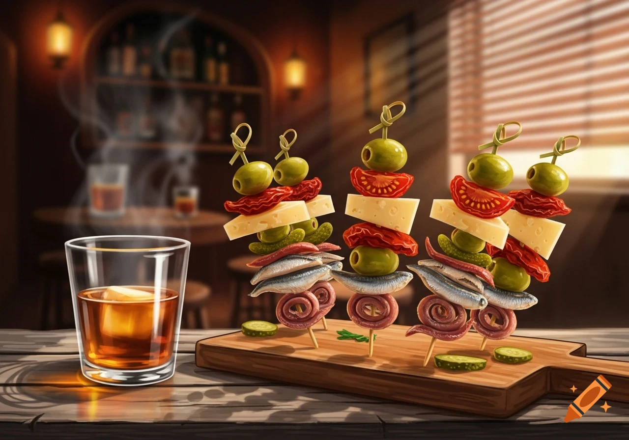Illustrated scene of three gourmet tapas skewers with olives, cheese, and anchovies, beside a drink glass on a wooden bar counter.