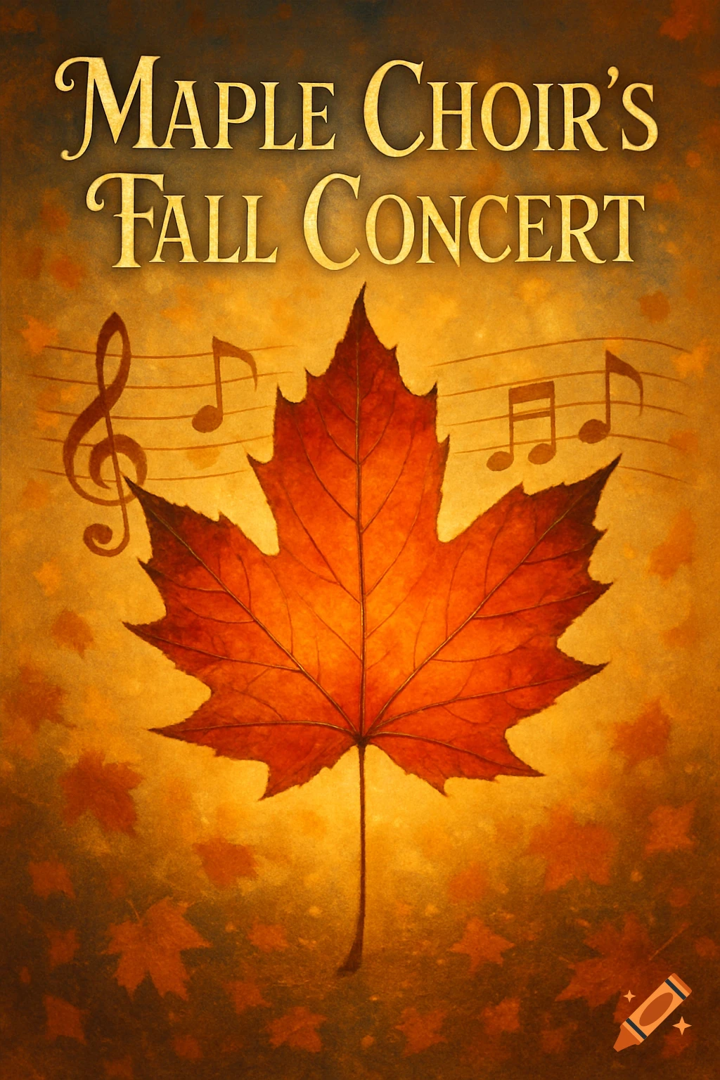 A rustic poster for a "Maple Choir's Fall Concert" featuring a large orange maple leaf, musical notes, and smaller falling leaves against a warm, textured background.