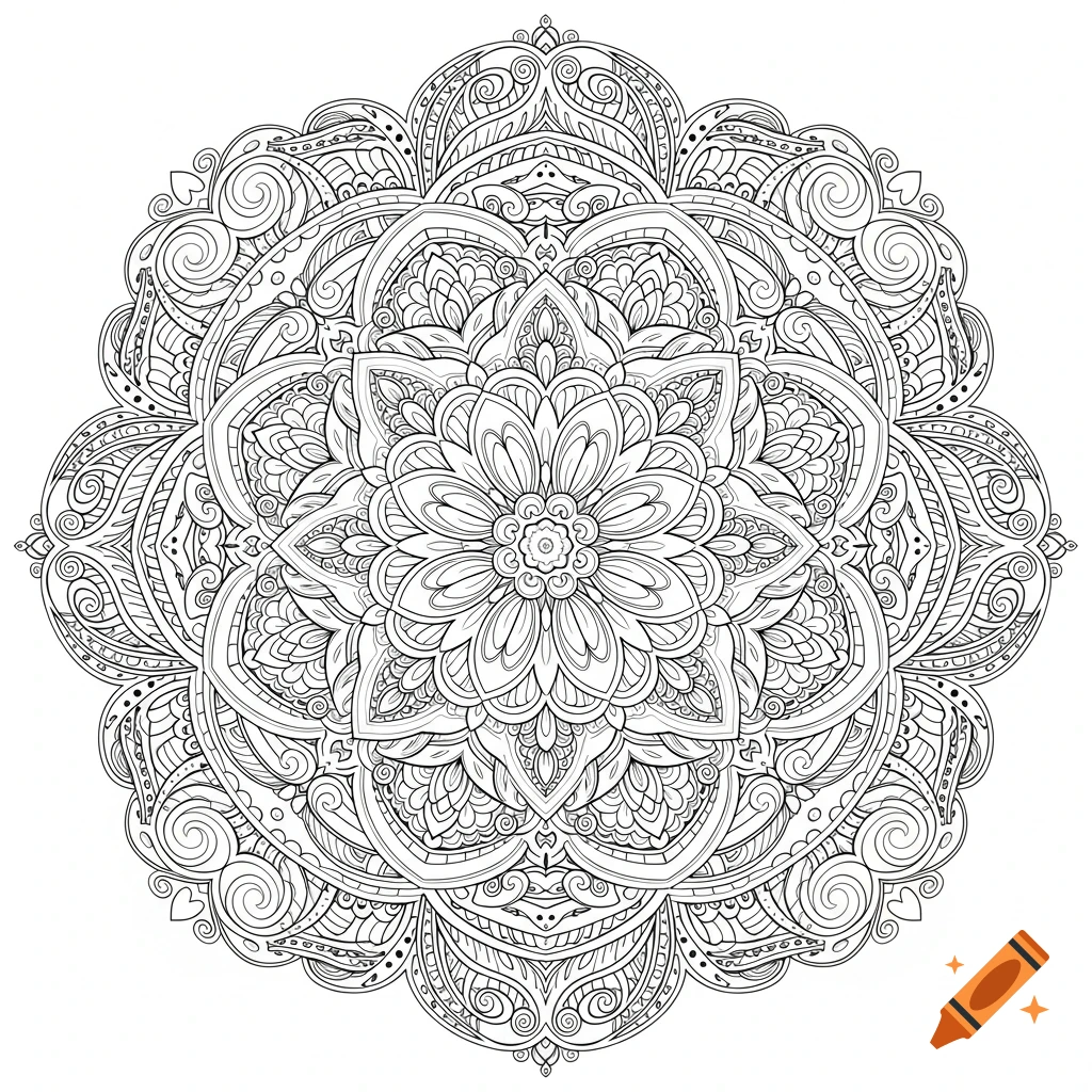 Intricate black and white symmetrical mandala drawing with floral and geometric patterns, ideal for adult coloring books.