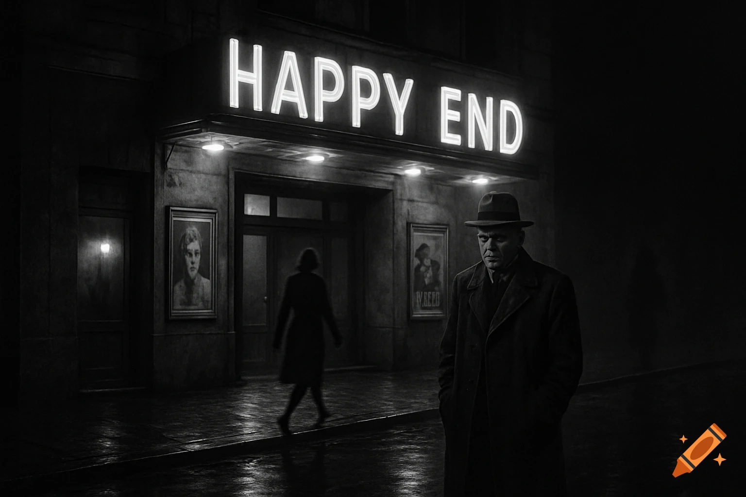 A man in a trench coat and fedora stands outside a cinema with a "HAPPY END" neon sign at night in a black and white, film noir style. A woman walks away in the background on a wet street.