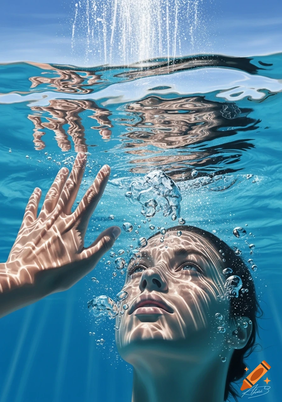 A photorealistic underwater view of a person's face and hand reaching upwards towards light rays and splashing water, surrounded by bubbles.