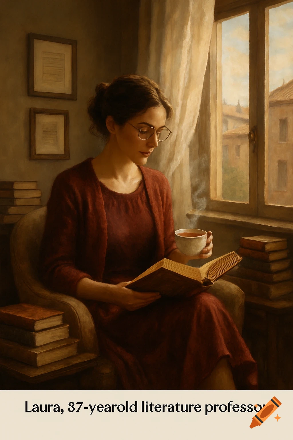 A woman with glasses and dark hair, wearing a red dress and cardigan, reads a book while holding a cup of tea by a sunlit window, in a painterly style.