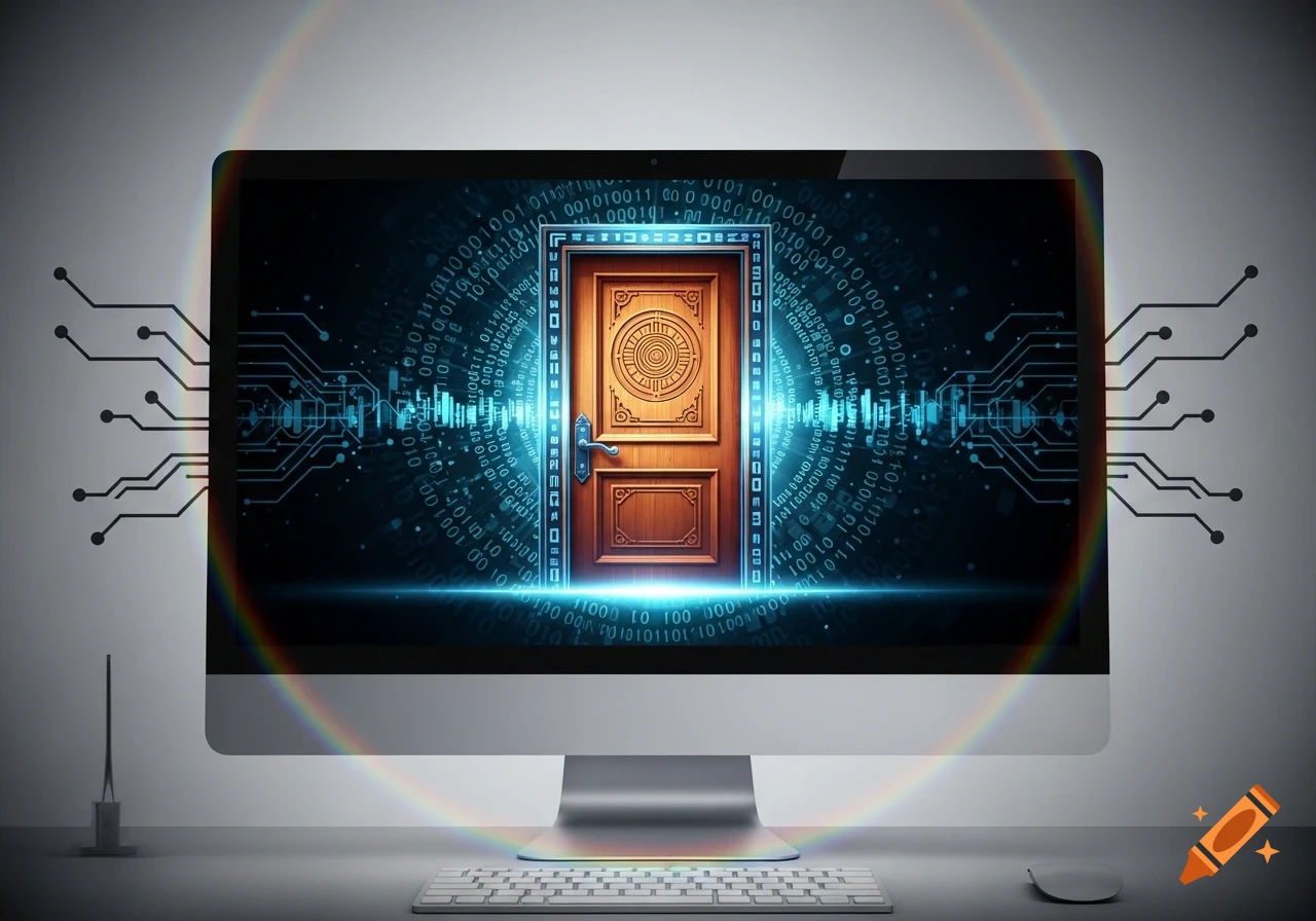 A computer monitor displays a wooden door surrounded by binary code and glowing blue circuit patterns, with circuit lines extending from the monitor.