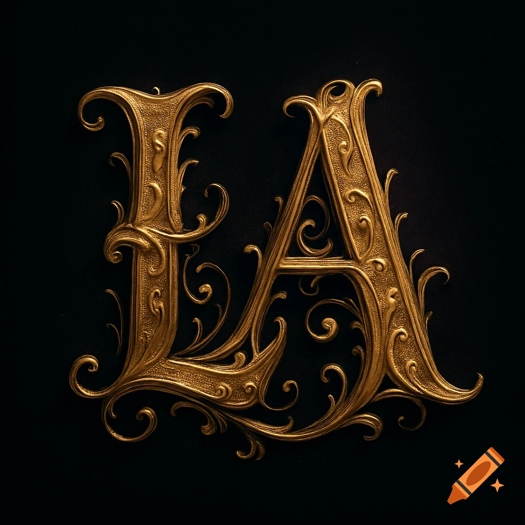 Ornate gold letters 'LA' with intricate filigree and swirling patterns on a dark background.