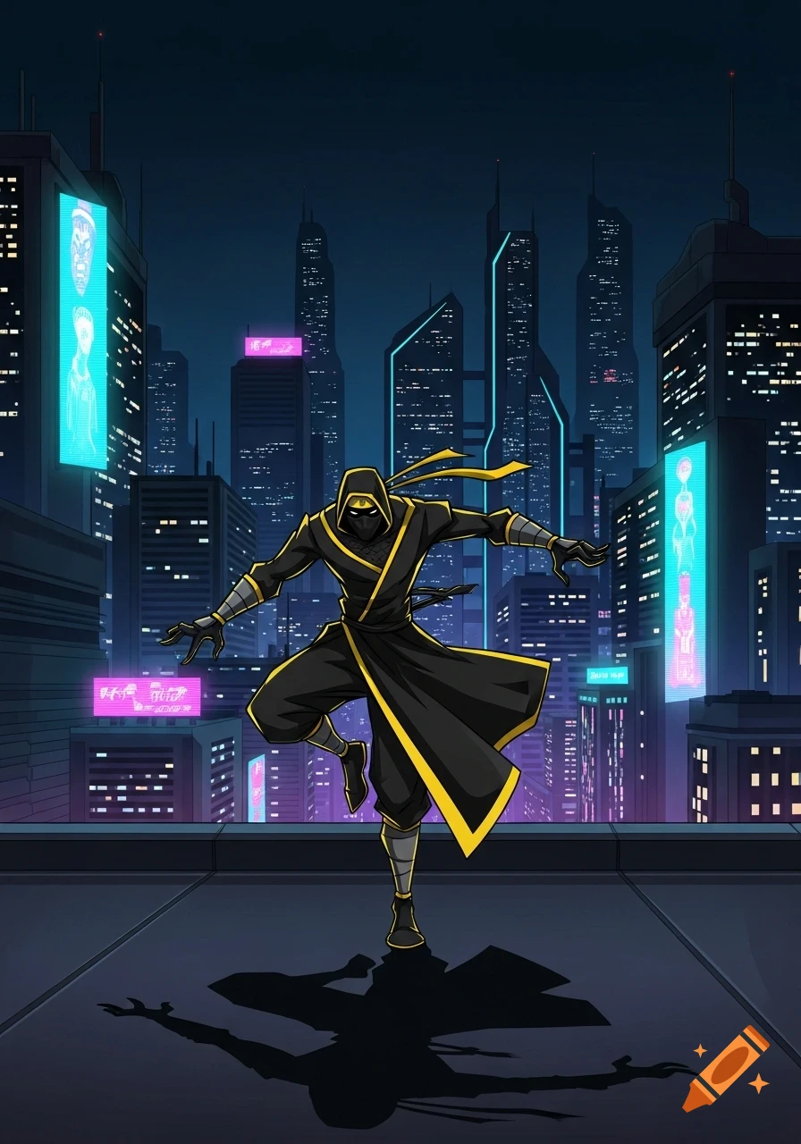 Cartoon ninja in black and yellow robes striking a pose on a rooftop at night, overlooking a dark cyberpunk city with neon lights.