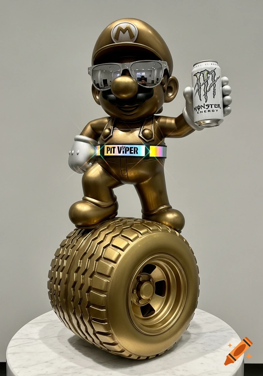 Golden Mario trophy wearing sunglasses, holding an energy drink, and standing on a large golden tire.