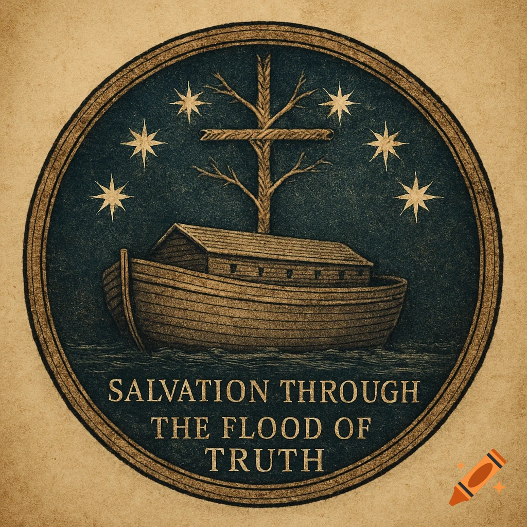 Circular weathered seal with Noah's Ark, tree branch cross, seven stars, and text: 'Salvation Through the Flood of Truth'.