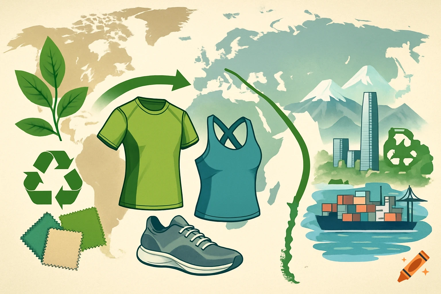 Illustration of sustainable sportswear, trade, and expansion, with a world map, clothes, recycling symbols, and Chilean landscapes.