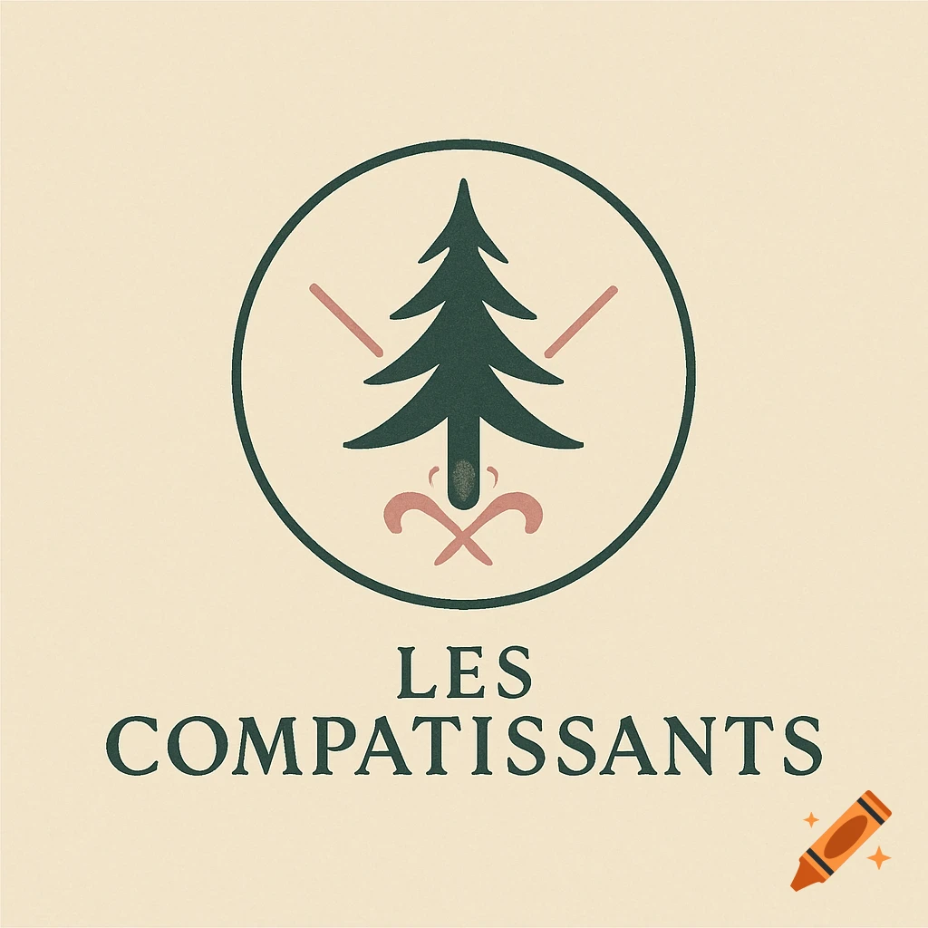 A minimalist logo for "LES COMPATISSANTS" featuring a dark green pine tree within a circular outline, with crossed pink sticks below, all on a light beige background.