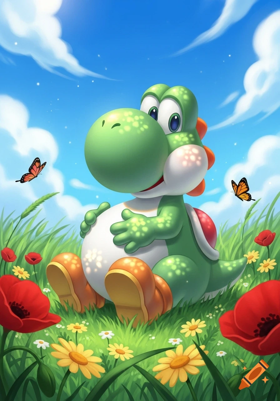 A vibrant cartoon illustration of a cute green Yoshi rubbing its belly, sitting in a field of red poppies and yellow daisies under a blue sky with butterflies.