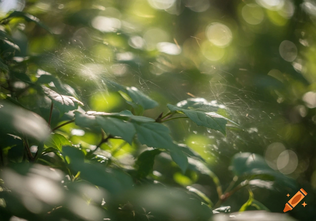 Close-up of green leaves with soft bokeh background and delicate, illuminated strands catching the light.