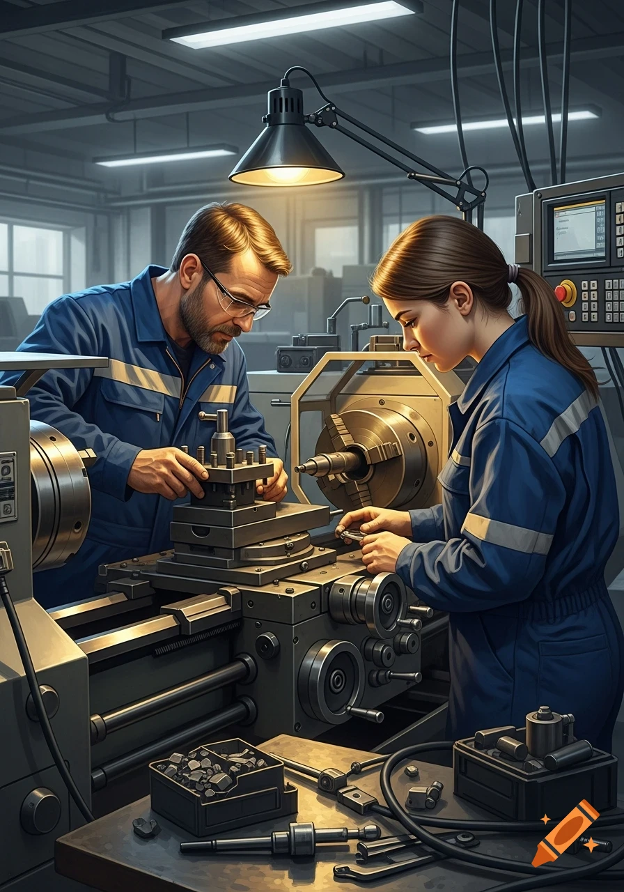 Male and female technicians in blue coveralls working on a conventional lathe in a well-lit industrial workshop.