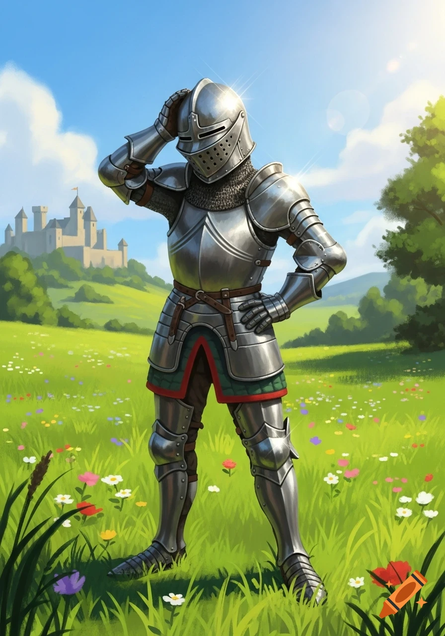 A knight in shining armor stands in a vibrant, sunny, flowery field with a distant castle, hand on helmet.