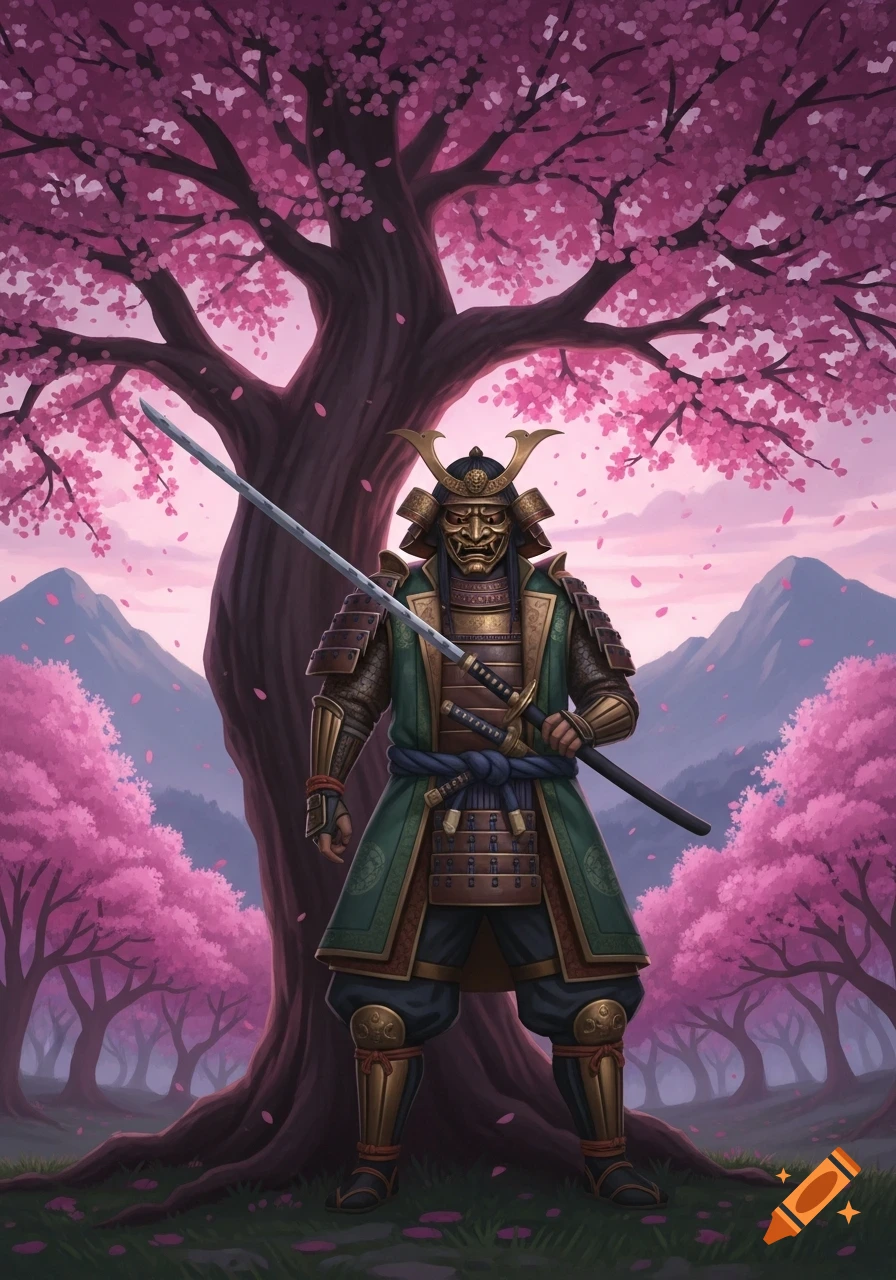 A samurai warrior in armor with a brass oni mask stands under a large pink cherry blossom tree, holding a katana in a serene forest with mountains.