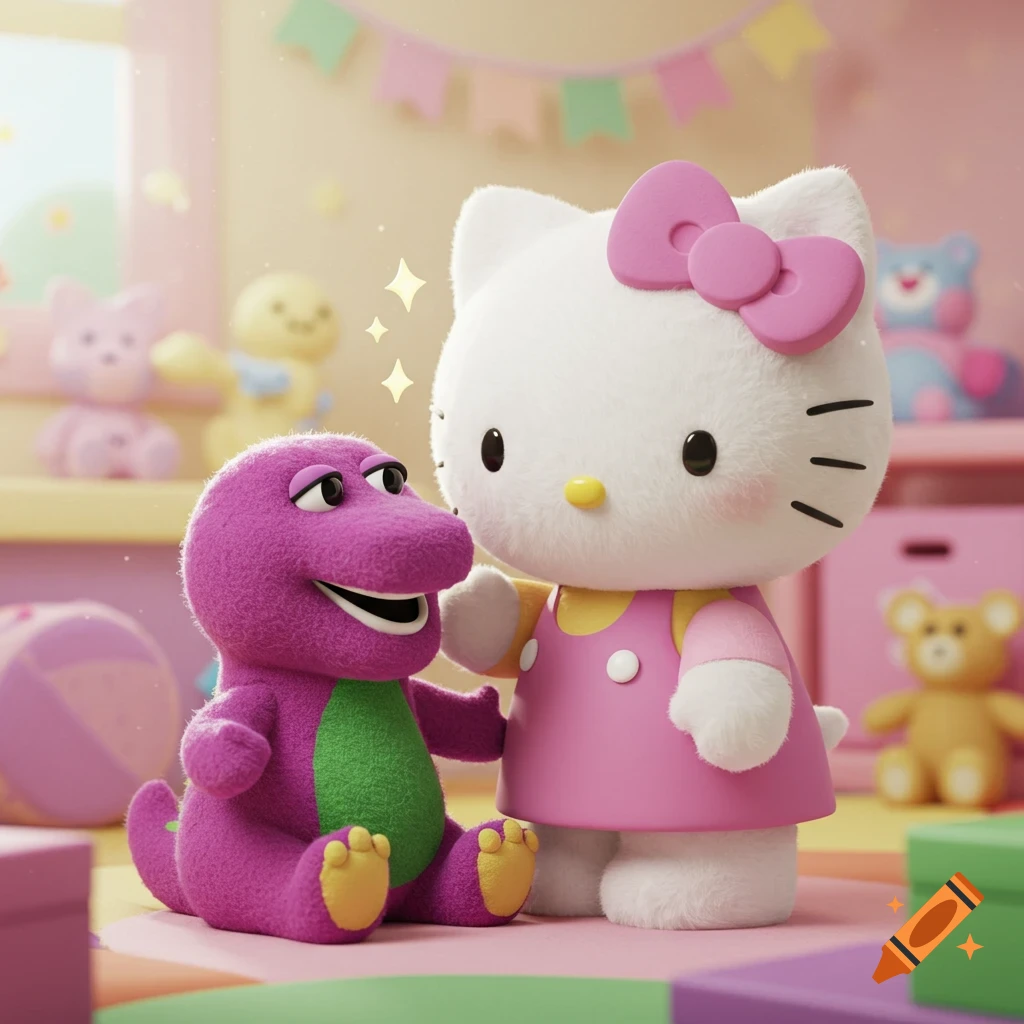 Hello Kitty plush toy and Barney the Dinosaur plush toy smiling in a pastel-colored playroom with bunting.