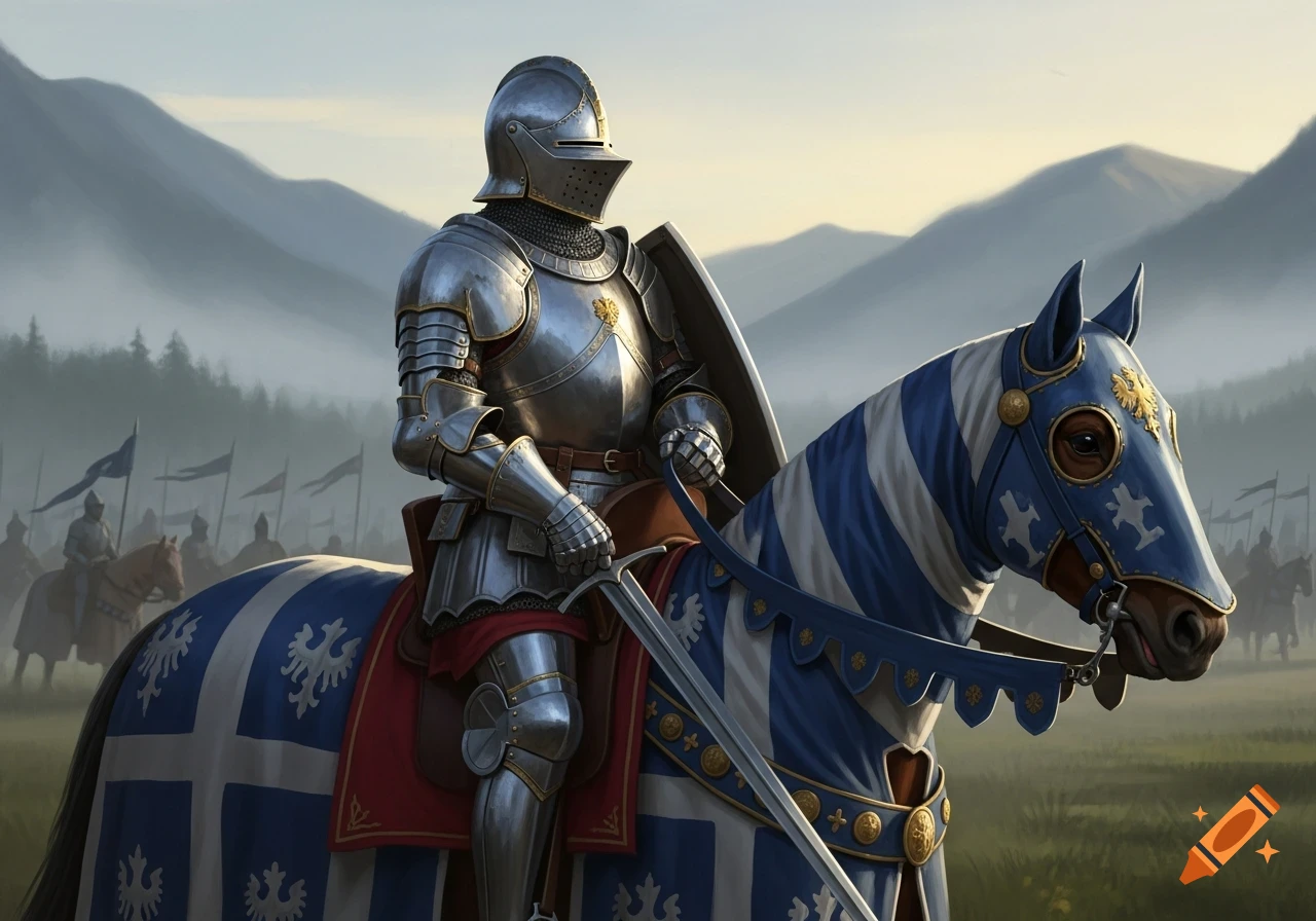 A knight in shining full plate armor rides a horse with blue and white barding, holding a sword and shield, against a misty mountain backdrop.