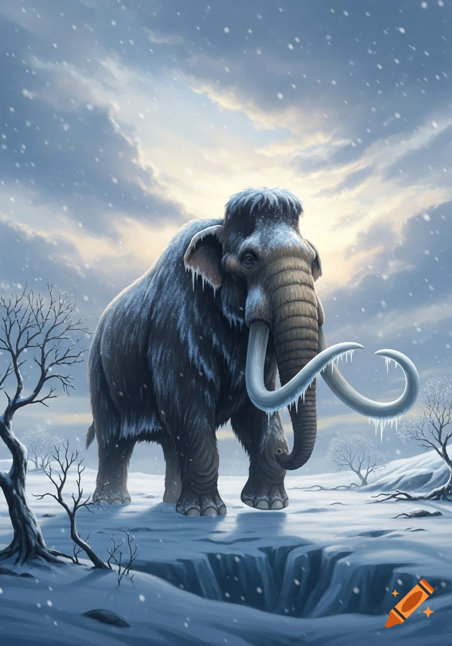 A woolly mammoth stands in a snowy, icy landscape under a cloudy sky with snowfall, icicles hanging from its tusks and fur.