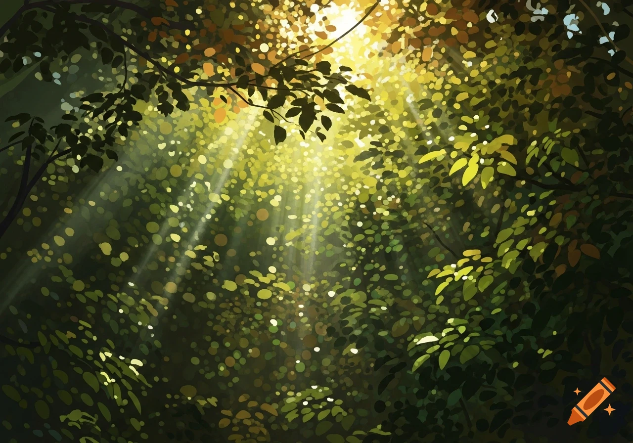 Sunlight streams through a lush green forest canopy, creating dappled light and bright rays through the leaves.