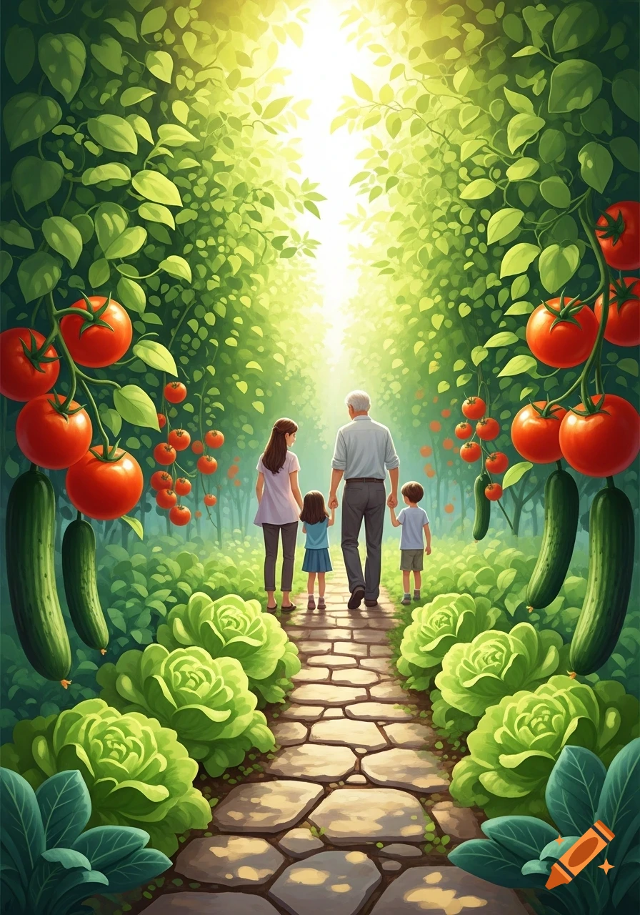 A family walks hand-in-hand up a sunlit stone path through a lush garden with large tomatoes, cucumbers, and lettuce.