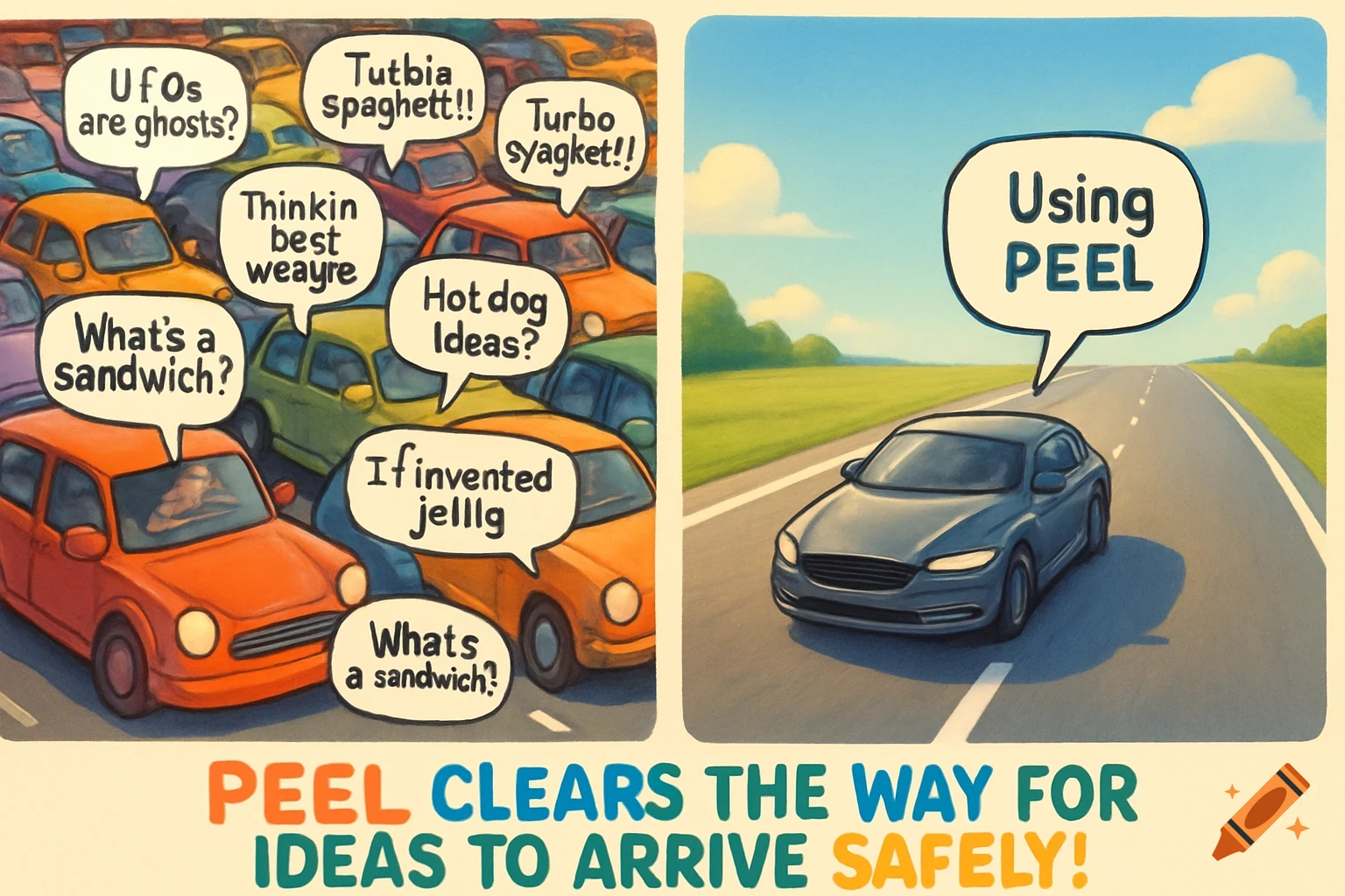 A two-panel image showing a traffic jam with thought bubbles on the left, and a single car on an open road with a thought bubble on the right. Text below reads: "PEEL CLEARS THE WAY FOR IDEAS TO ARRIVE SAFELY!"
