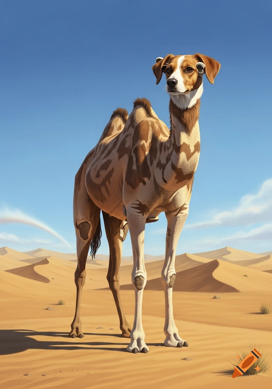 A fantastical hybrid creature with a dog's head and a camel's body, with brown and white fur, stands in a sandy desert.