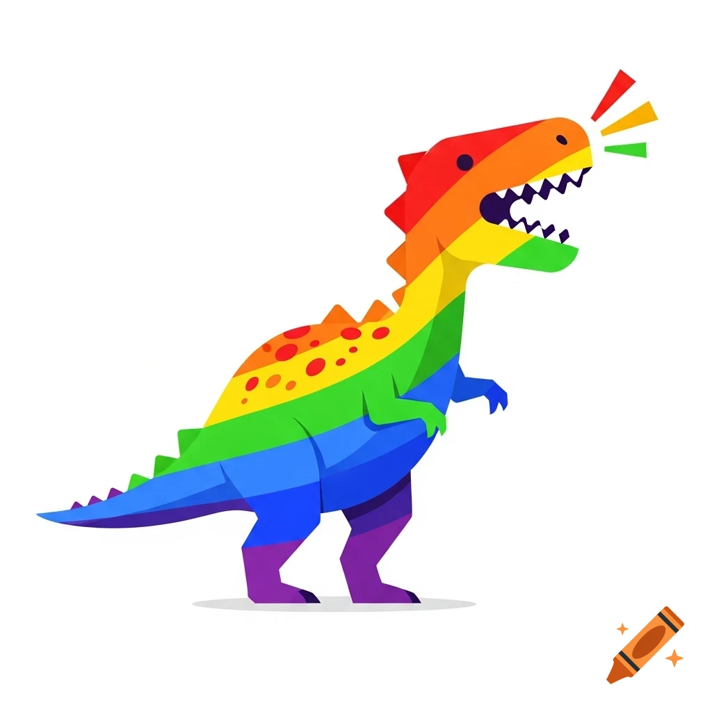A vibrant cartoon dinosaur in rainbow colors with spots on its back, roaring loudly.