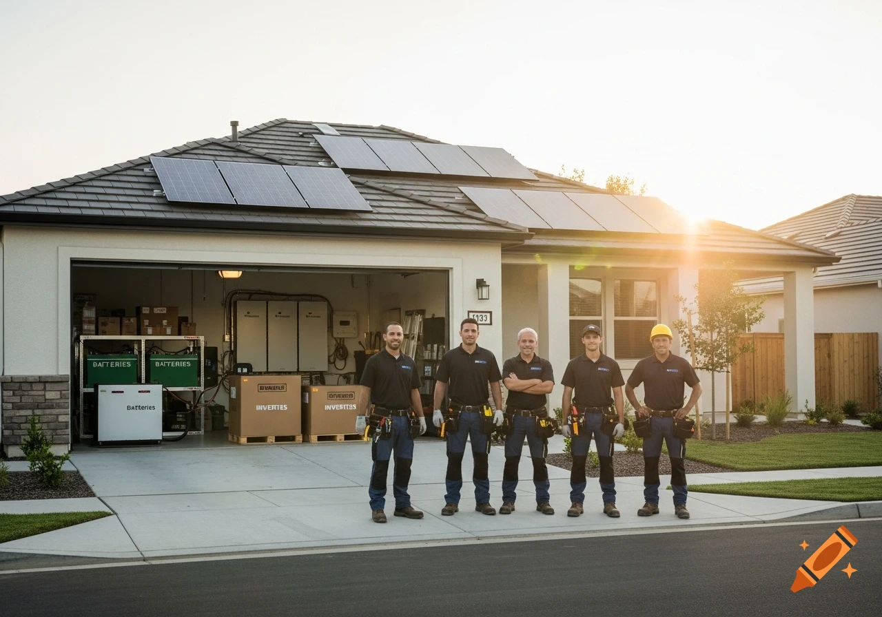 Solar installation technicians pose in front of a suburban home with solar panels on the roof and battery/inverter boxes in the open garage.