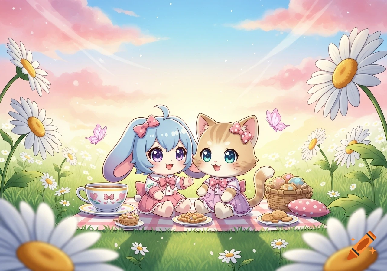 A cute anime-style illustration of a bunny girl and a cat girl having a picnic in a field of daisies under a pastel sky.