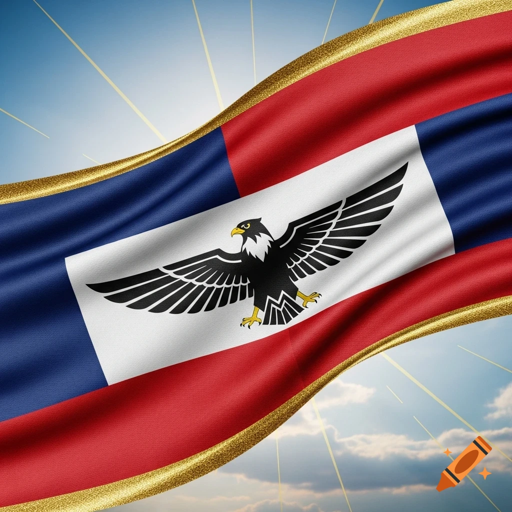 A waving flag with a black eagle on a white rectangle, flanked by red and blue stripes, bordered with gold, against a sunny sky.