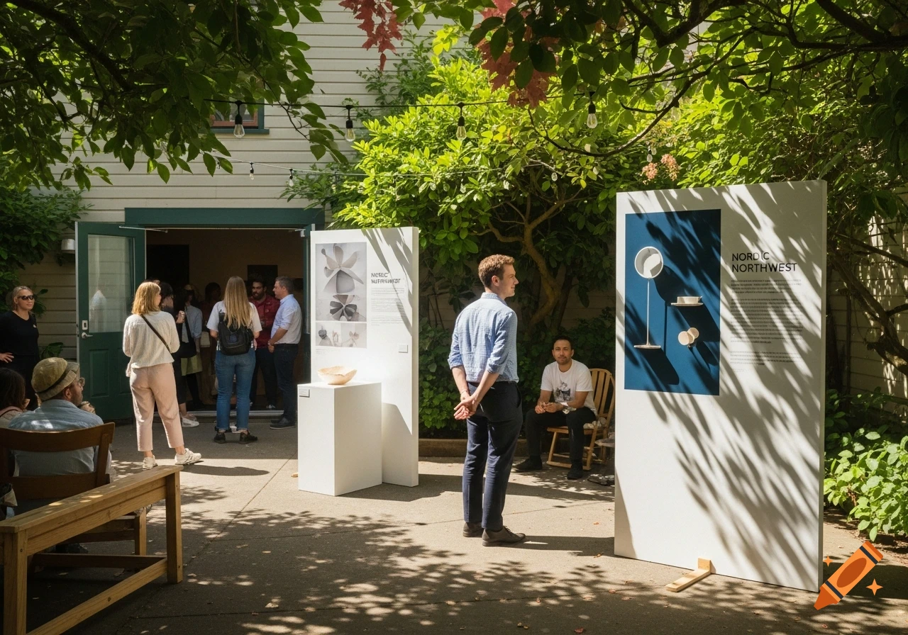 People gather in a dappled courtyard for an outdoor art exhibit, featuring large display boards under sunny trees and string lights.