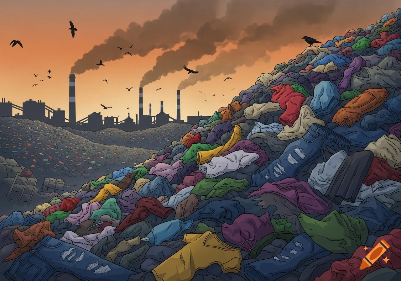 An illustration of a massive pile of discarded clothes in a landfill, with factories polluting the air in the background under an orange sky.