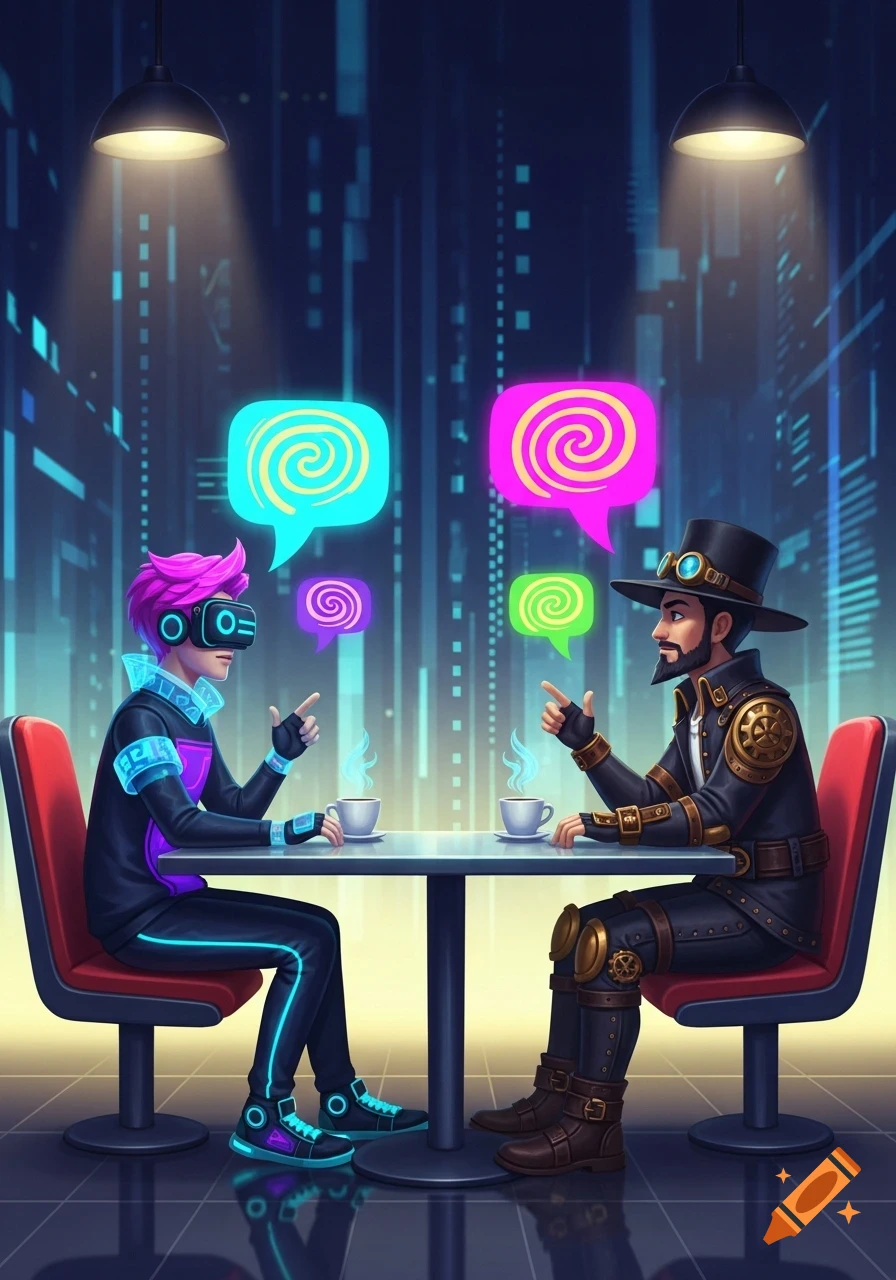A man in a VR headset and a steampunk man talk at a futuristic cafe with glowing speech bubbles above them.